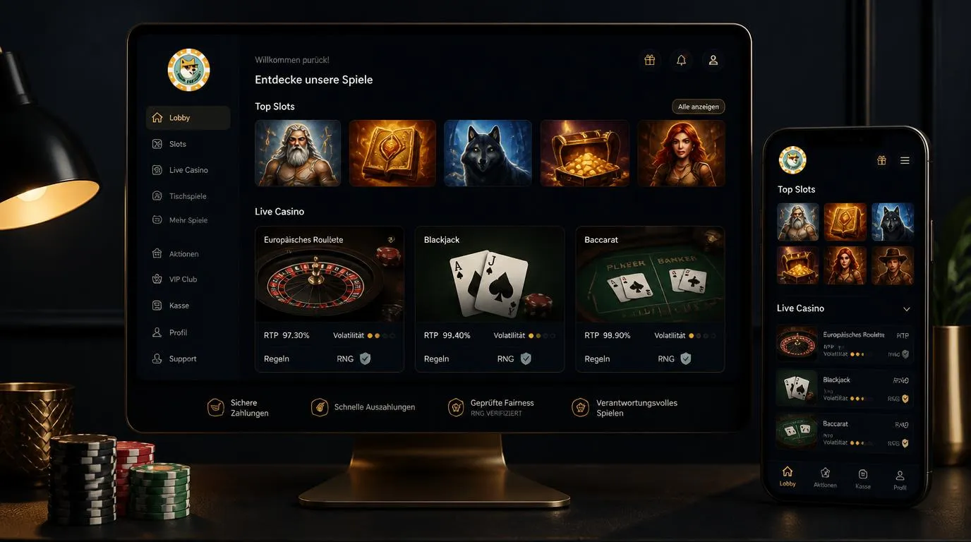 Casino-Lobby mit Slots, Roulette und Blackjack auf Desktop- und Smartphone-Bildschirm