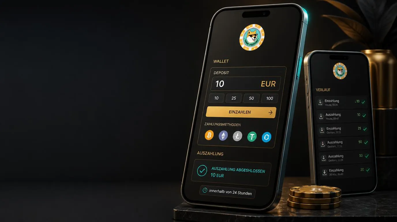 Smartphone mit Casino-Zahlungsbereich, Krypto-Symbolen und Anzeige einer Auszahlung innerhalb von 24 Stunden