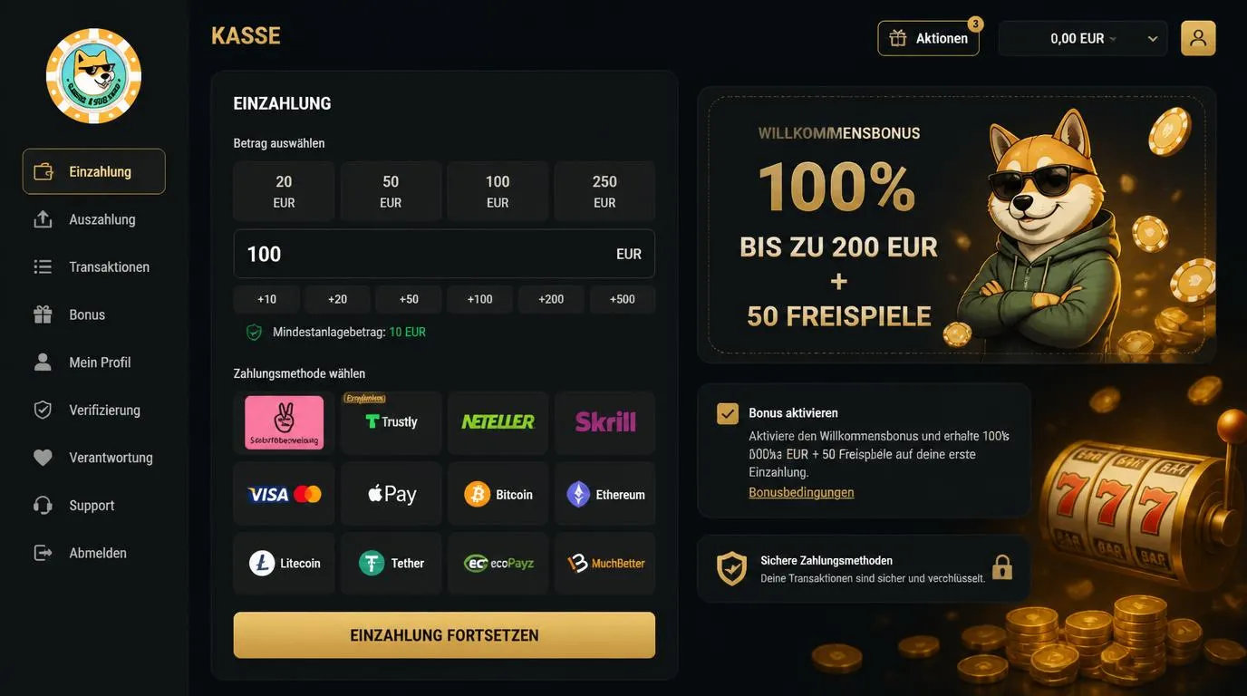 Casino-Kasse mit Willkommensbonus bis 200 Euro, 50 Freispielen und Auswahl moderner Zahlungsarten