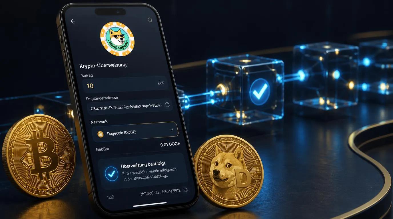 Smartphone mit Krypto-Wallet neben Bitcoin- und Dogecoin-Symbolen für eine Casino-Einzahlung