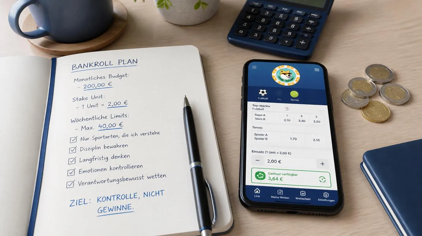 Notizbuch mit Wettbudget, Smartphone mit Sportwetten und übersichtlicher Einsatzplanung