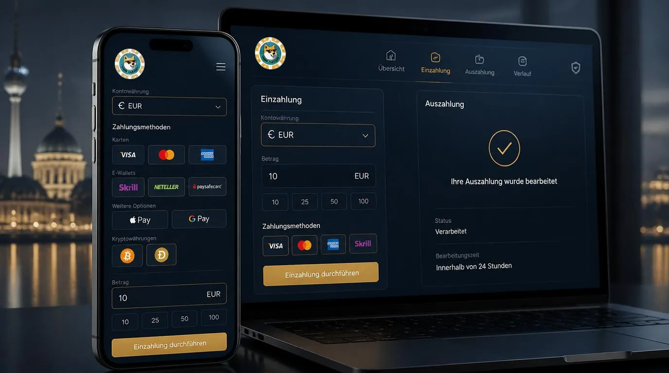 Casino-Kasse auf einem Smartphone mit Euro, Karten, E-Wallets und Kryptowährungen