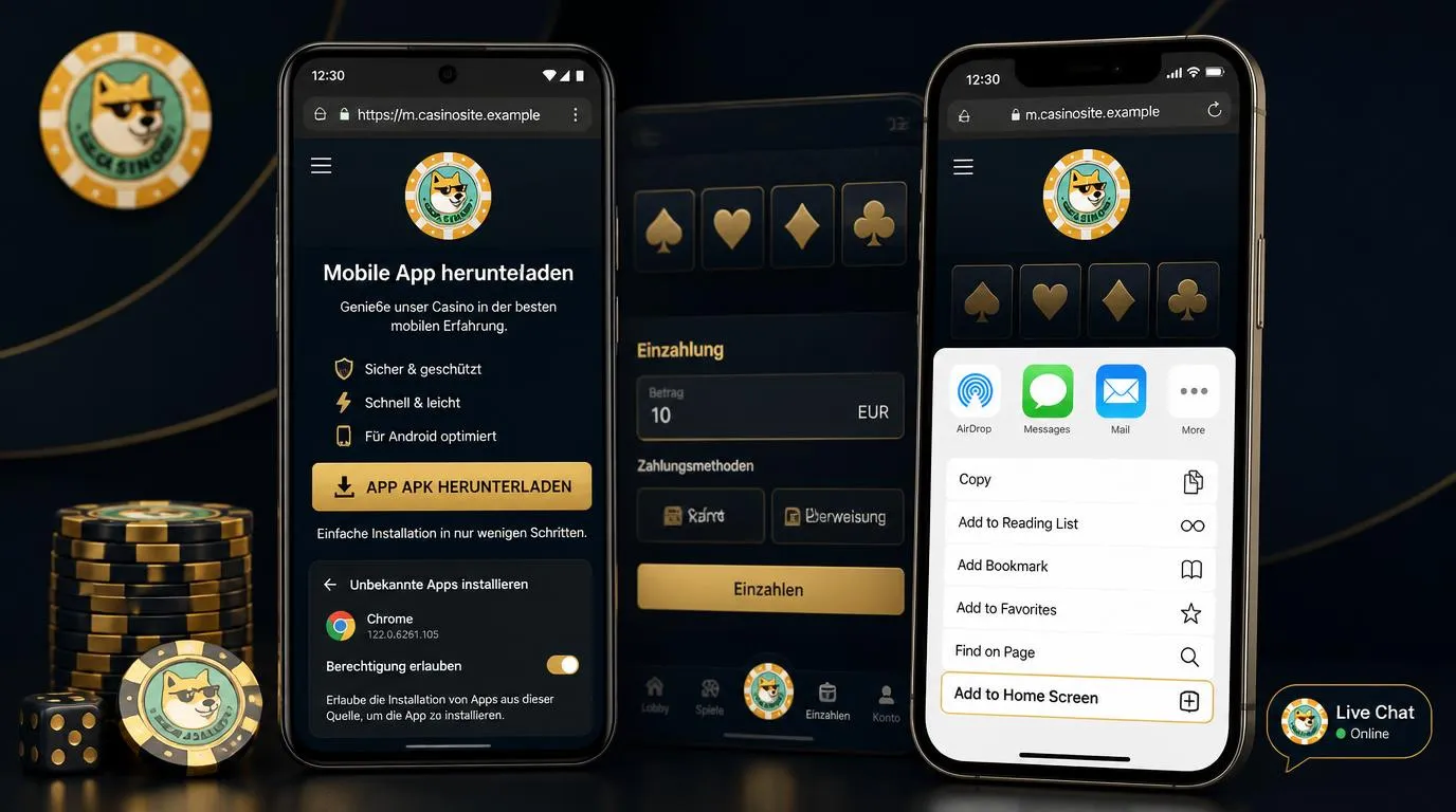 Android-Smartphone und iPhone mit Browserzugang, App-Symbol und sicherer Kontoeröffnung