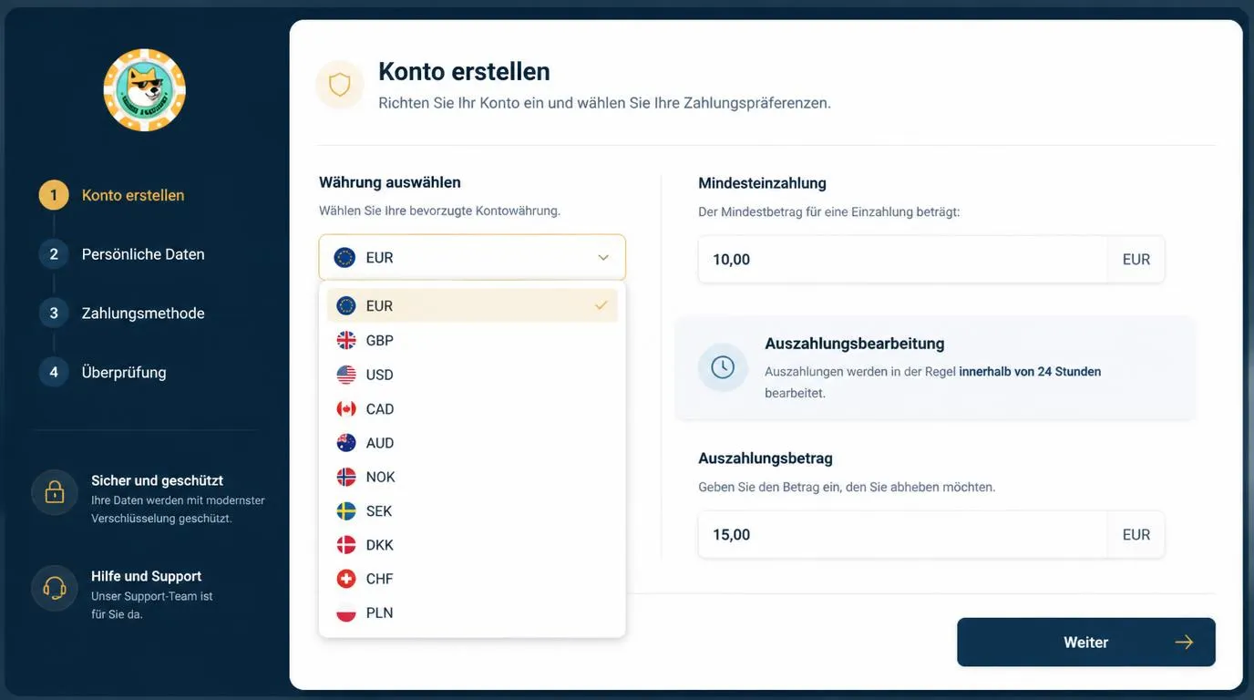 Registrierungsansicht mit Einzahlungsbetrag, Auszahlungszeit und Auswahl der Kontowährung