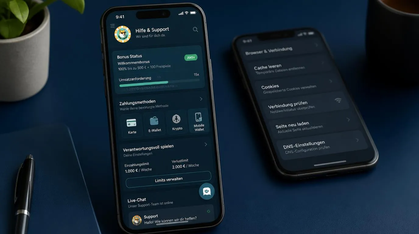 Smartphone mit Casino-Hilfemenü, Bonusbereich, Zahlungsauswahl und aktivem Live-Chat