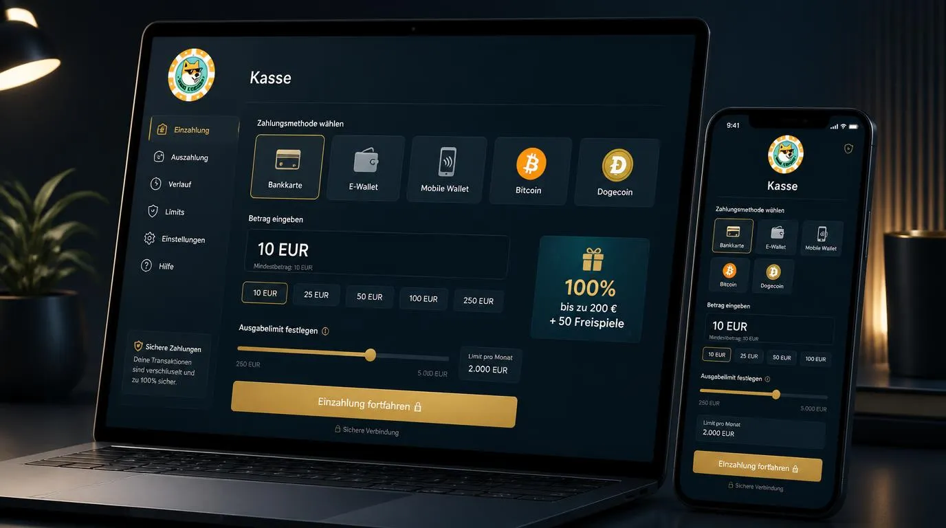 Kassenansicht mit Mindesteinzahlung von 10 EUR, Karten, E-Wallets und Kryptowährungen