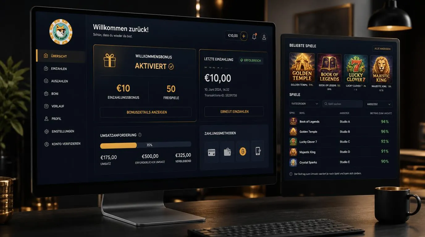 Casino-Bonusbereich mit aktivierter Willkommensaktion, Einzahlung und sichtbarem Umsatzfortschritt