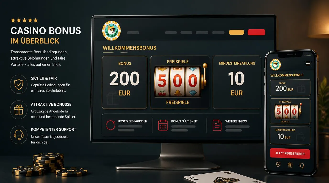 Bonusübersicht mit 200 Euro Einzahlungsbonus, 50 Freispielen und Mindesteinzahlung von 10 EUR